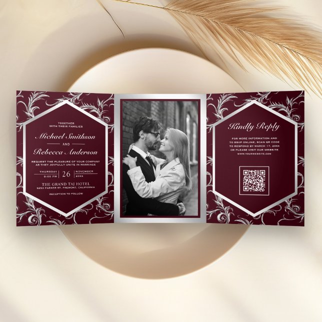 Burgundy Silver Flourish Swirl QR Code Wedding Tri-Fold Invitation (Creator Uploaded)