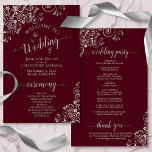 Burgundy & Silver Frils Budget Wedding Program<br><div class="desc">These wedding programs are elegant and tasteful, while still being budget friendly. The design features ornate silver grey faux foil frills with pale grey text on a burgundy or maroon coloured background. The typography features lacy script calligraphy, and there is room for details on the ceremony, the bridal party, and...</div>