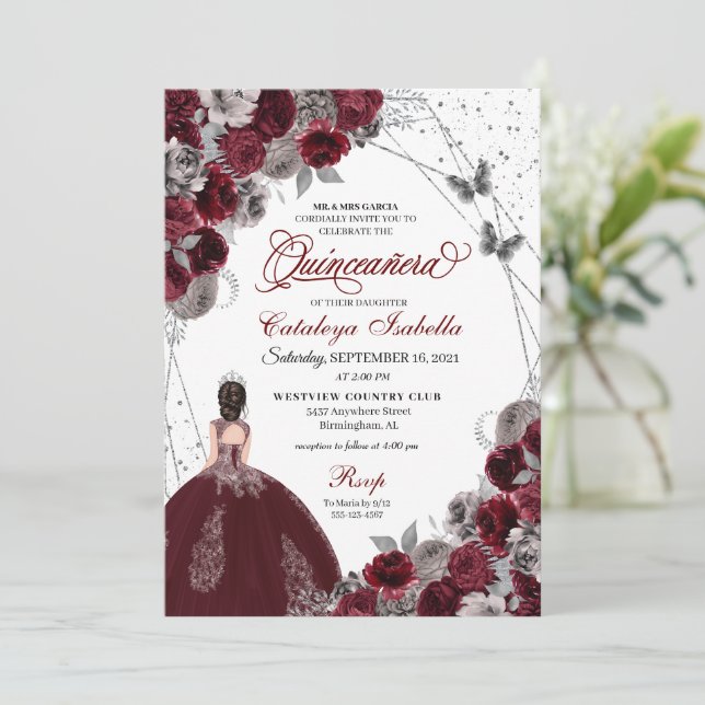 Burgundy Silver Glitter Butterfly  Quinceanera Invitation (Standing Front)