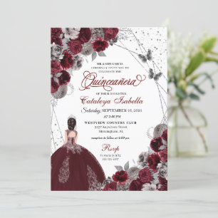 Burgundy Silver Glitter Butterfly  Quinceanera Invitation