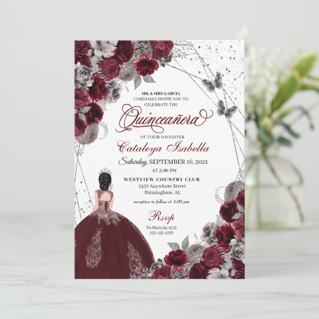 Burgundy Silver Glitter Butterfly  Quinceanera Invitation (Standing Front)