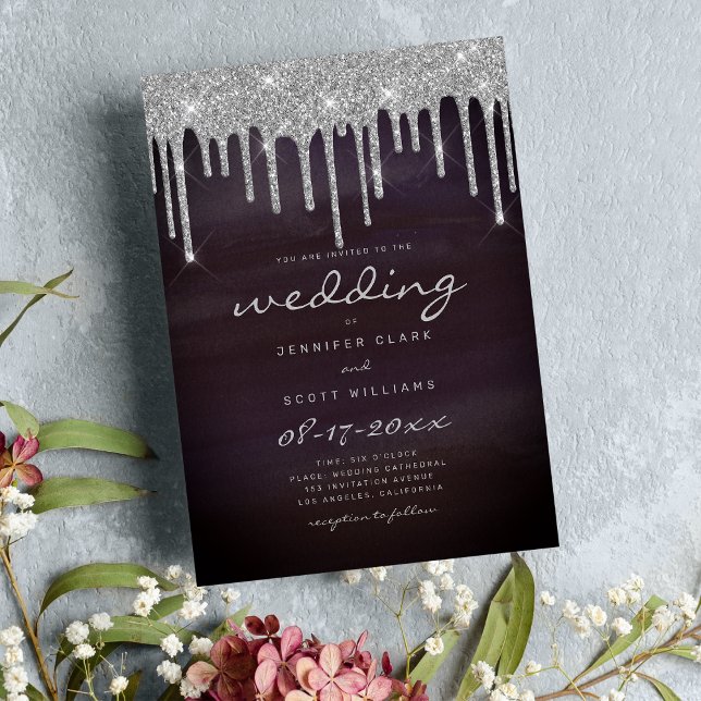 Burgundy silver glitter drips script wedding invitation (Burgundy silver glitter drips script wedding )