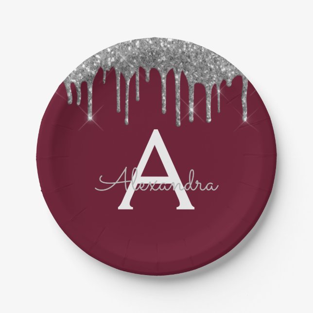 Burgundy Silver Glitter Monogram Birthday Paper Plate (Front)