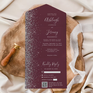 Burgundy Silver Glitter QR Code Wedding All In One Invitation