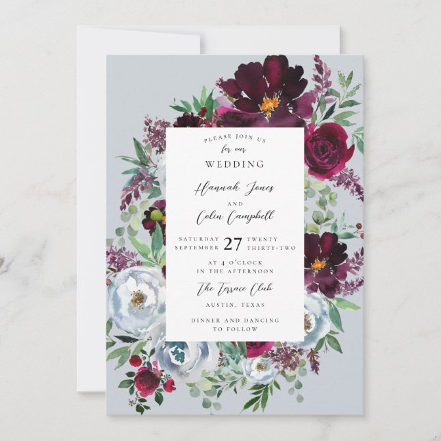Burgundy Silver Grey Roses Botanical Invitation (Front)