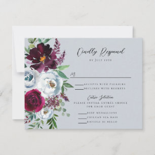 Burgundy Silver Grey Roses Botanical RSVP Card