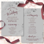 Burgundy & Silver Lace Budget Gray Wedding Program<br><div class="desc">These wedding programs are elegant and tasteful, while still being budget friendly. The design features ornate silver gray faux foil lace with burgundy colored text on a gray background. The typography features lacy script calligraphy, and there is room for details on the ceremony, the bridal party, and a short thank...</div>