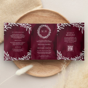 Burgundy Silver Leaf Branch QR Code Wedding Tri-Fold Invitation