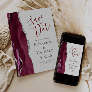 Burgundy Silver Light Grey Photo Save the Date Invitation