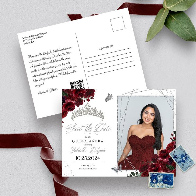 Burgundy Silver Quinceañera Save The Date Photo Invitation (Creator Uploaded)