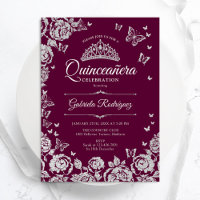 Burgundy Silver Roses Butterflies Quinceanera