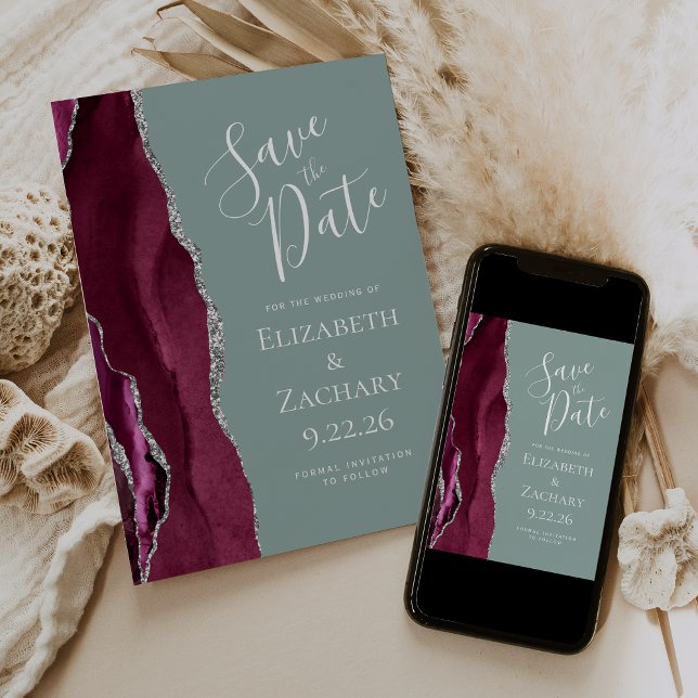 Burgundy Silver Sage Green Photo Save the Date Invitation (Creator Uploaded)