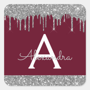 Burgundy Silver Sparkle Glitter Monogram Square Sticker
