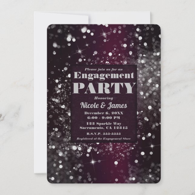 Burgundy Silver Sparkling Lights Glam Engagement Invitation (Front)