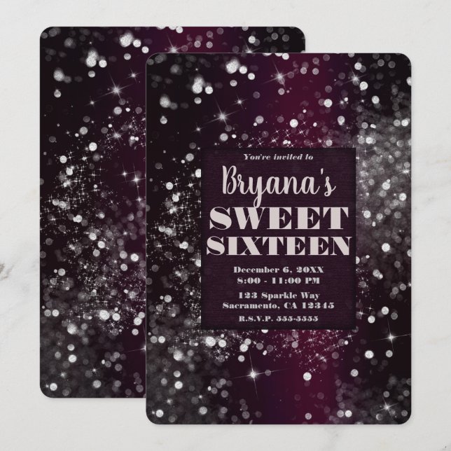 Burgundy & Silver Sparkling Lights Sweet 16 Party Invitation (Front/Back)