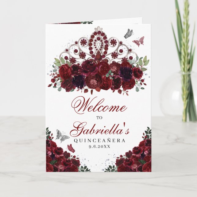 Burgundy & Silver Tiara Quinceanera Program (Front)
