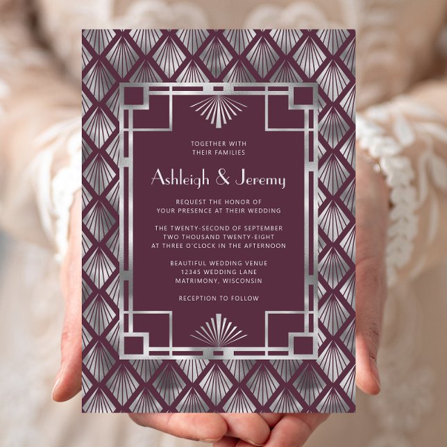 Burgundy Silver Vintage Deco Pattern Wedding Invitation (Creator Uploaded)
