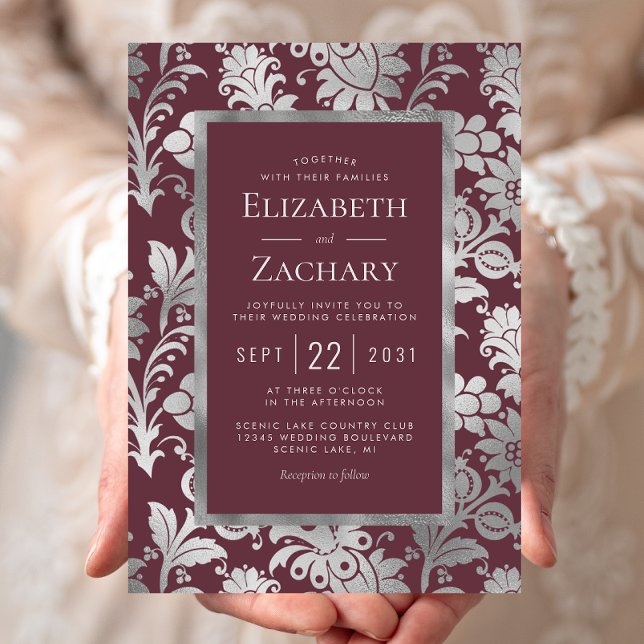 Burgundy Silver Vintage Floral Pattern Wedding Invitation (Creator Uploaded)