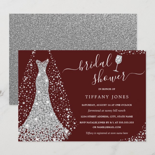 Burgundy Silver Wedding Dress Bridal Shower Invitation (Front/Back)