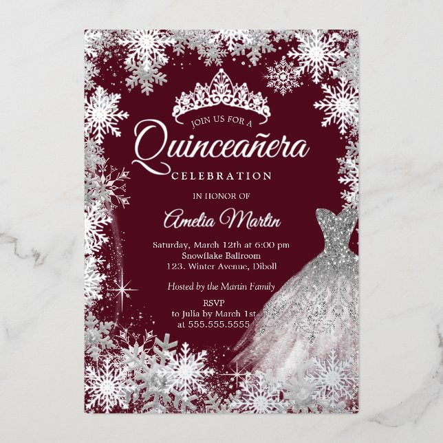 Burgundy Silver Winter Snowflake Quinceanera (Front)
