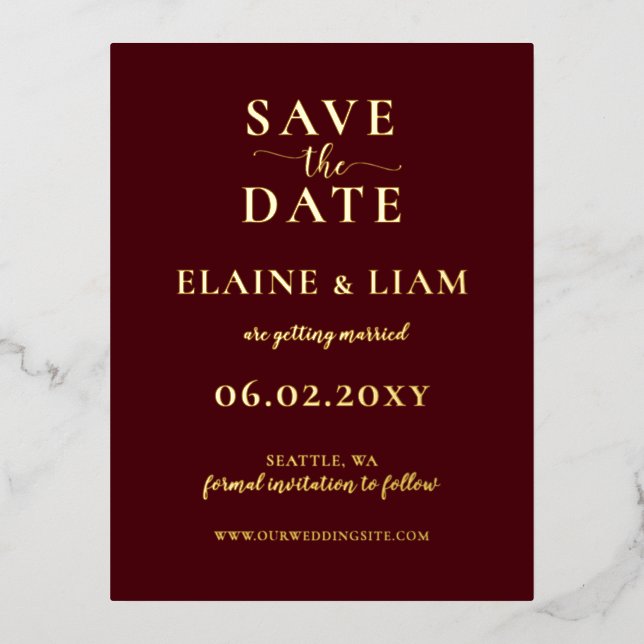 Burgundy Simple Calligraphy Luxe Save The Date  Foil Invitation Postcard (Front)