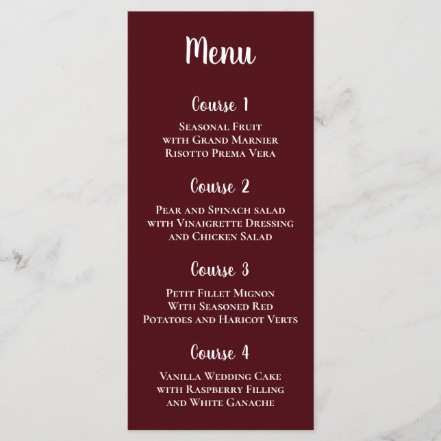 Burgundy Simple Calligraphy Modern Wedding  Menu (Front)