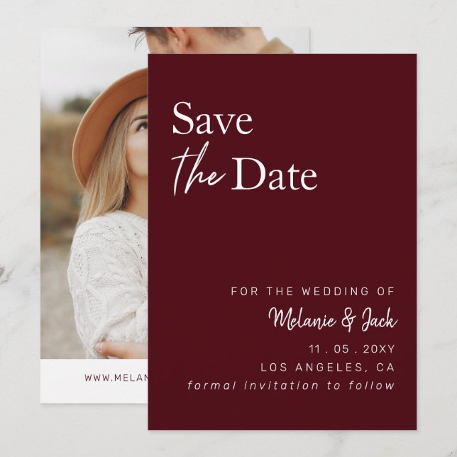Burgundy Simple Calligraphy Photo Save The Date (Front/Back)