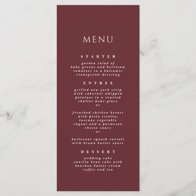 Burgundy Simple Chic Modern Elegant Dinner Wedding Menu (Front)