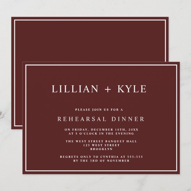 Burgundy Simple Chic Rehearsal Dinner Invitation (Front/Back)