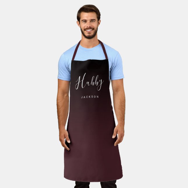 Burgundy simple personalized hubby apron (Worn)