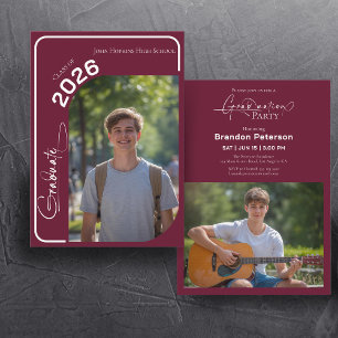 Burgundy Simple Two Photo Graduation Party Invitation