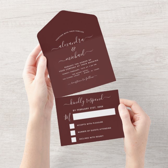 Burgundy Simple Wedding Modern Typography Romantic All In One Invitation (Tearaway)