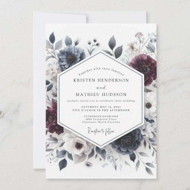 Burgundy & Slate Ethereal Bloom Wedding Invitation (Front)