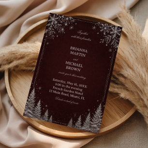 Burgundy Snowfall Evergreen Winter Night Invitation