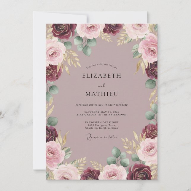 Burgundy Soft Bloom Romance Wedding Invitation (Front)