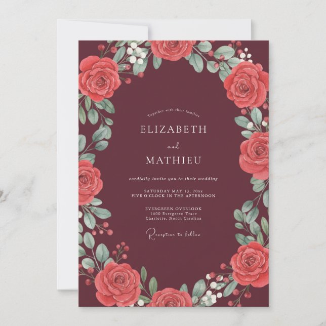Burgundy Sophisticated Rose Wedding Invitation (Front)