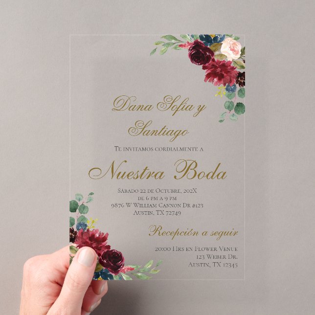 Burgundy Spanish Wedding Acrylic Invitation (Insitu (Handheld))