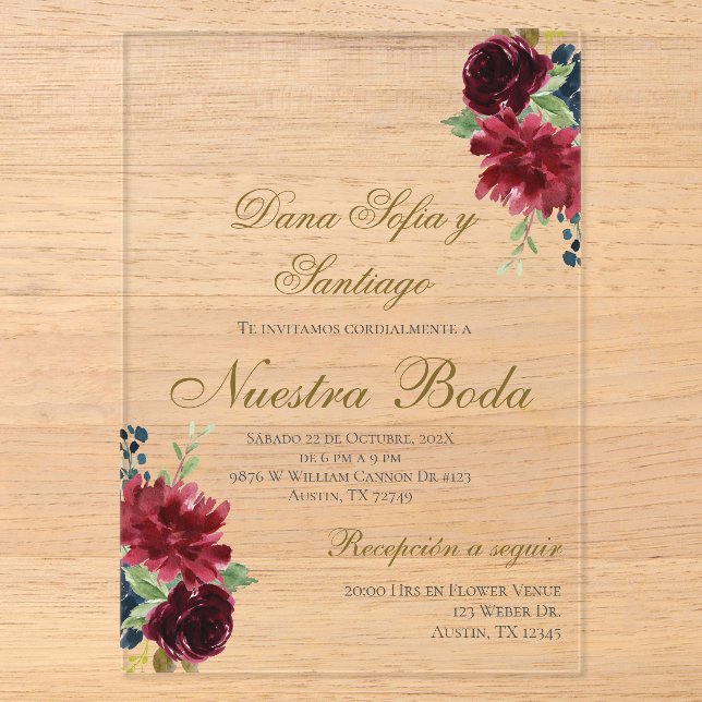 Burgundy Spanish Wedding Acrylic Invitation (Front)