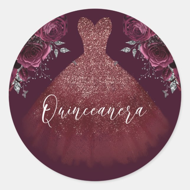 Burgundy Sparkle Dress & Floral Quinceanera Party Classic Round Sticker (Front)