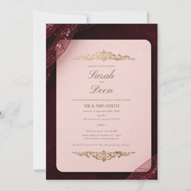 Burgundy Sparkle Tulle Wedding Invitation - Blush  (Front)