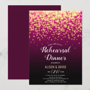 Burgundy sparkling lights wedding rehearsal dinner invitation