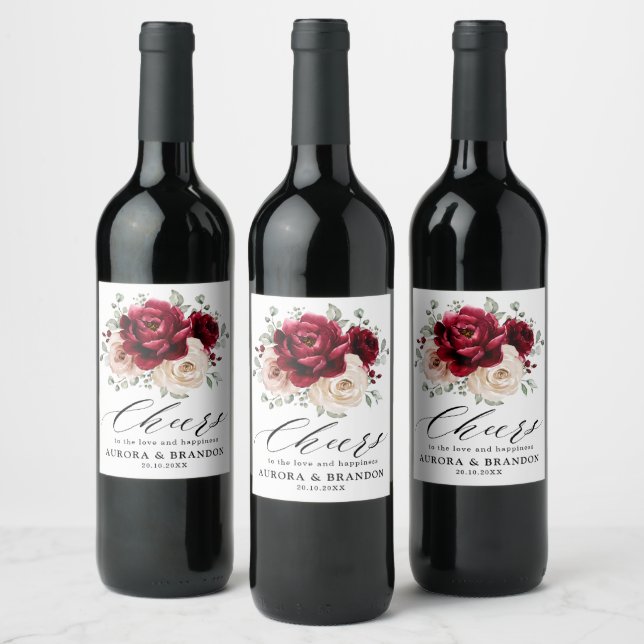 Burgundy Sparkling Wine Ivory Mauve Rose Floral We Wine Label (Bottles)