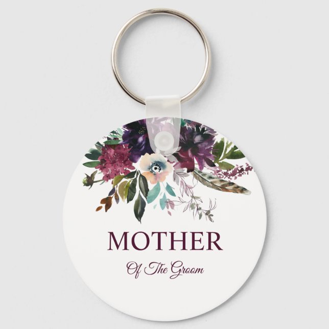 Burgundy Splendor Floral White Mother Of The Groom Keychain (Front)