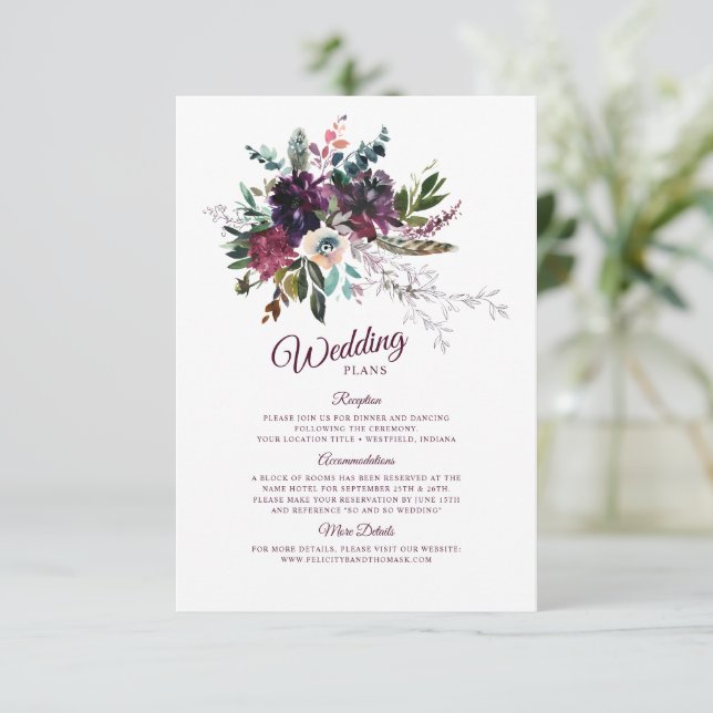 Burgundy Splendour Boho Floral Wedding Plans Enclosure Card (Standing Front)
