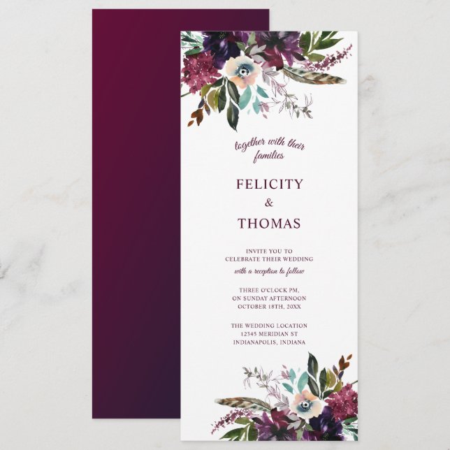 Burgundy Splendour Boho Floral White Wedding Invitation (Front/Back)