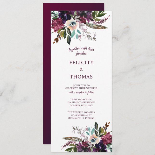 Burgundy Splendour Boho Florals White Wedding Invitation (Front/Back)