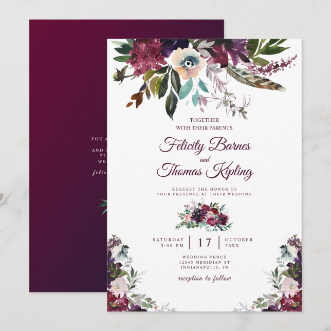 Burgundy Splendour Watercolor Floral White Wedding Invitation (Front/Back)