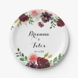 Burgundy Spring Floral Calligraphy Wedding Cake Paper Plate