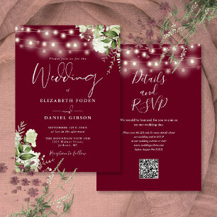 Burgundy String Lights Floral QR Code Wedding Invitation