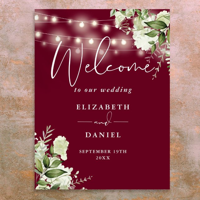 Burgundy String Lights Floral Wedding Welcome Poster (Burgundy String Lights Floral Wedding Welcome Poster
)